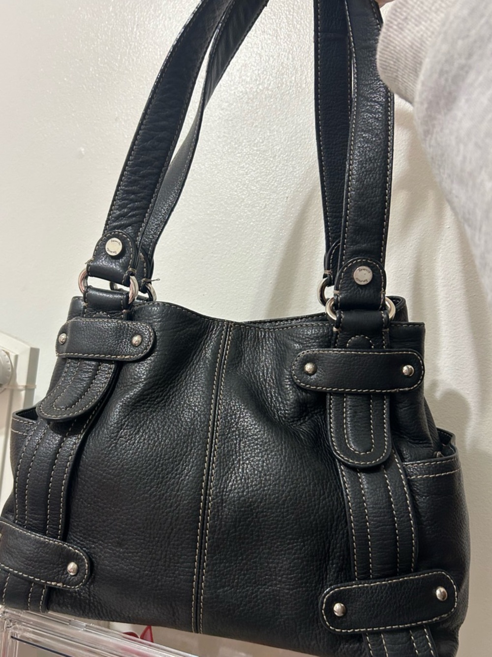 Black Pebbled Leather Shoulder Bag with Contrast Stitching